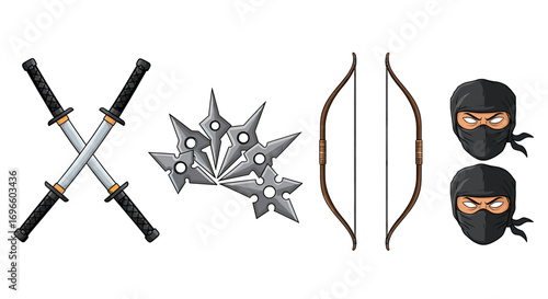 Ninja Weapons and Character Set: Crossed Swords, Stars, Bow and Masked Heads