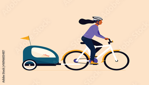 Woman riding a bicycle with a child trailer
