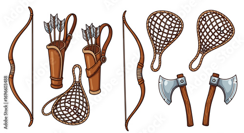 Set of illustrated medieval hunting and fighting equipment isolated on white