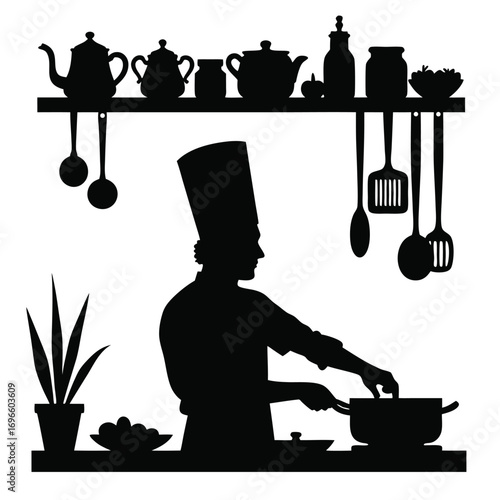 Chef stirring a pot in a kitchen with hanging utensils Keywords: chef, cooking, kitchen