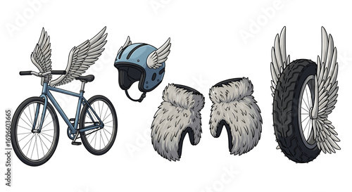 Whimsical winged transport: Bicycle, helmet, mittens, and tire illustration