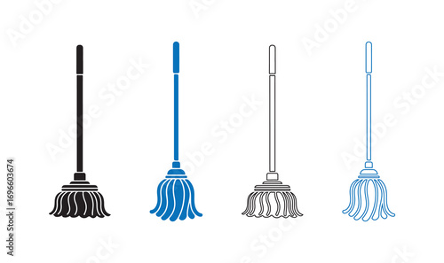 Collection of four different mop styles for cleaning household floors and surfaces
