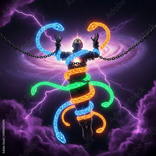 stoneMan Bound by Chains  and Snakes Cosmic Space  Vector Illustration
