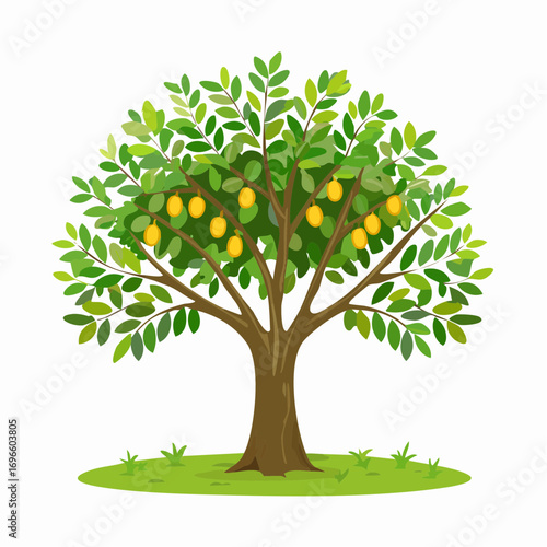 Cartoon tree with green leaves and yellow fruits on a green grass field