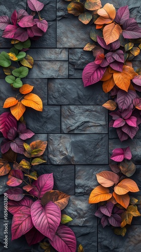 Colorful Autumn Leaves on Stone Wall