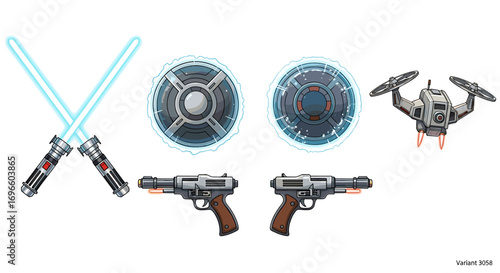 Sci-Fi Weapons and Gadgets Illustration Set on White Background