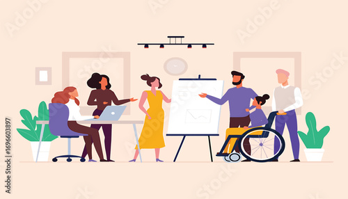 Inclusive team meeting Diverse group collaborating on a presentation, accessibility included