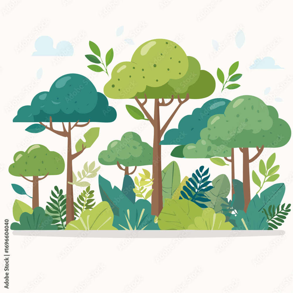 Fototapeta premium Stylized Forest Illustration with Lush Greenery and Cartoon Clouds