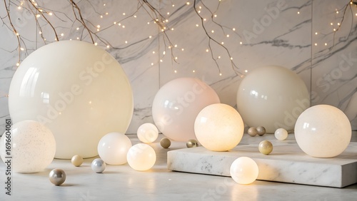 An elegant composition of illuminated spheres and decorative elements creating a soft warm glow and a serene ambiance in a luxurious setting.