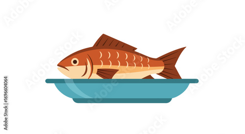 Stylized depiction of a prepared fish dish served on a teal plate, simplistic illustration showcasing culinary art, appealing to food enthusiasts