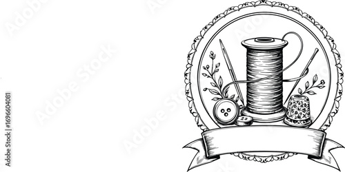 Black and white sewing emblem with spool, needles, button, thimble, and ribbon banner in vintage hand-drawn style