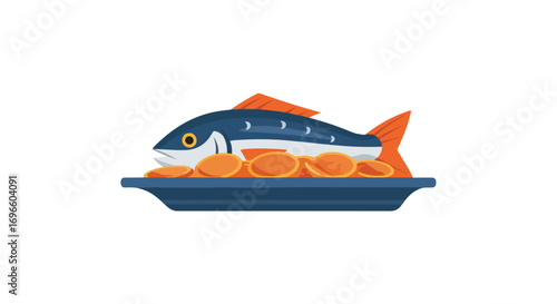 Stylized Fish Dish with Orange Accompaniments on a Dark Blue Platter in Simple Vector Illustration