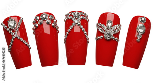 red nails with silver decorations on transparent background