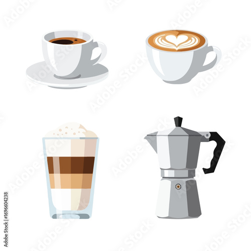 Four different types of coffee drinks and a coffee maker, presented in a flat design.