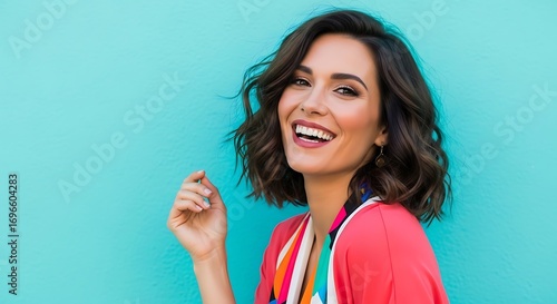 A happy woman with dark wavy hair and a bright smile poses against a turquoise background.