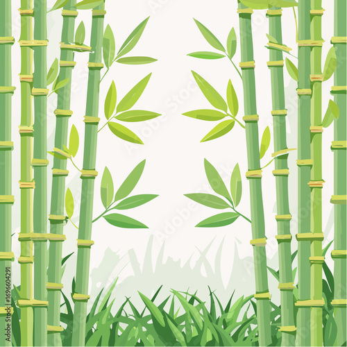 Lush Green Bamboo Forest Illustration with Detailed Stalks and Leafy Foliage