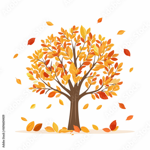 Stylized Autumnal Tree with Falling Leaves in Warm Tones Illustration