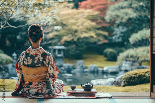 A woman in a kimono is sitting in a garden with a cup of tea in front of her