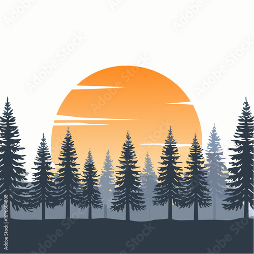 Silhouette of Evergreen Trees Against a Faded Sun Forest Landscape