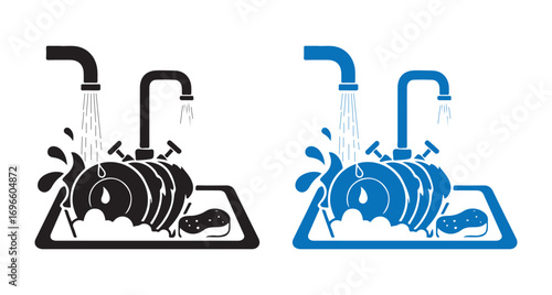 Two icons of dishes being washed under running water in a sink