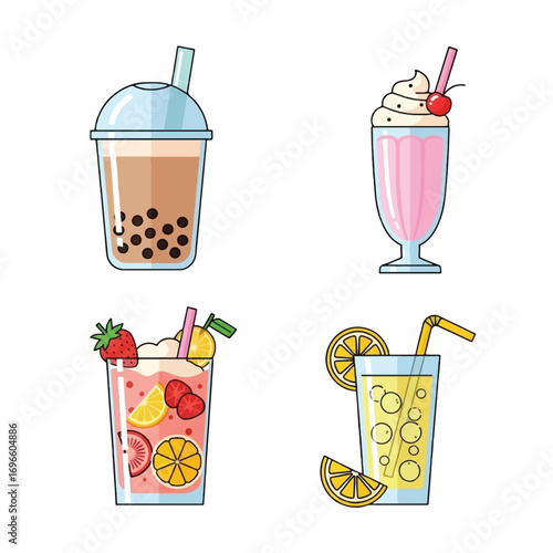Four different types of coffee drinks and a coffee maker, presented in a flat design.