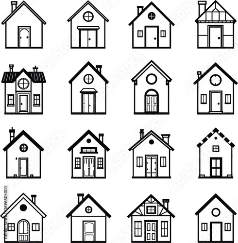 Set of 16 black and white house illustrations, diverse architectural styles in detailed line art for design and decor