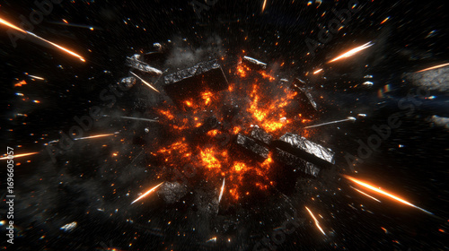 A space explosion with a lot of debris flying around
