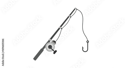 Simple vector illustration of a fishing rod with reel and hook against a white background ready for angling pursuits