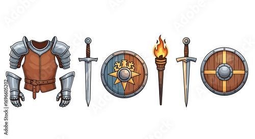 Cartoon Knight's Arsenal: Armor, Swords, Shields, and Torch Illustration