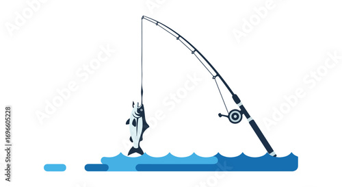 Stylized fishing scene showcasing a caught fish on a fishing rod in minimalist design and blue tones creates a serene aquatic environment