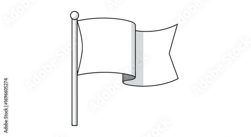 Simple illustration of a plain white flag waving gently on a gray flagpole against a white background representing peace and tranquility using a