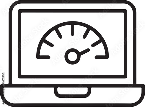 Laptop screen displays a speed gauge icon indicating performance