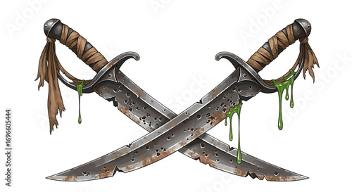 Crossed Rusty Swords with Oozing Green Slime on a White Backdrop