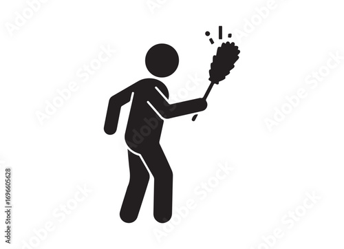 Person cleaning with a duster in a dynamic pose action shot representing home upkeep and tidiness