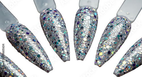 sparkling silver nails with glitter details on transparent background