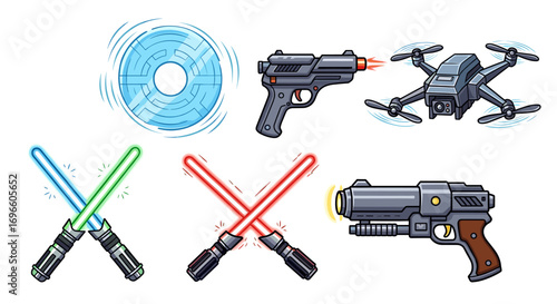 Futuristic Cartoon Collection: High-Tech Weapons and Devices for Science Fiction Themes