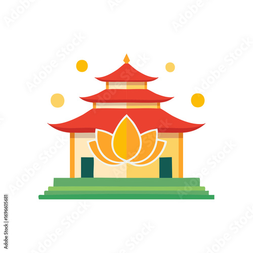 Flat illustration of an Asian temple with red roof and stylized lotus flower, spiritual place, peace and serenity