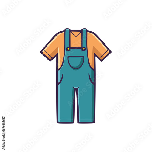 Blue overalls and orange shirt vector graphic illustration for children apparel.