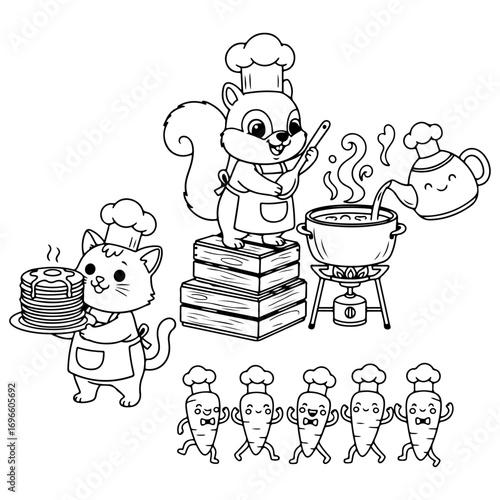 Animal Chefs Cooking Festival: A vector illustration perfect for children's cooking classes, educational apps, or food-themed cartoons.