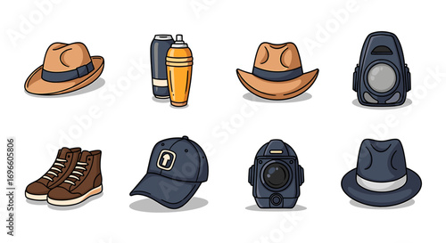 Cartoon Style Collection: Hats, Shoes, and Equipment on White Background