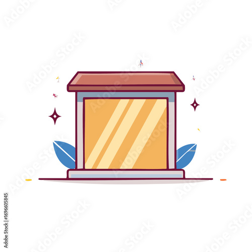 Modern exhibit display case illustration featuring clear glass with light reflections, decorative leaves, and subtle sparkle effect