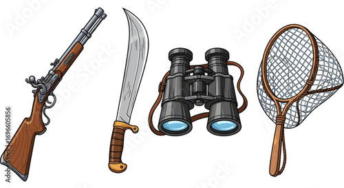 Illustrated hunting equipment set with rifle, machete, binoculars, and net.
