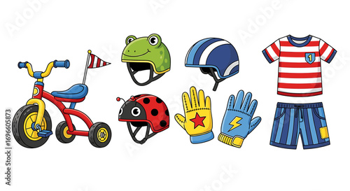 Child's Play: Whimsical Tricycle, Helmets, Gloves and Apparel Set on White