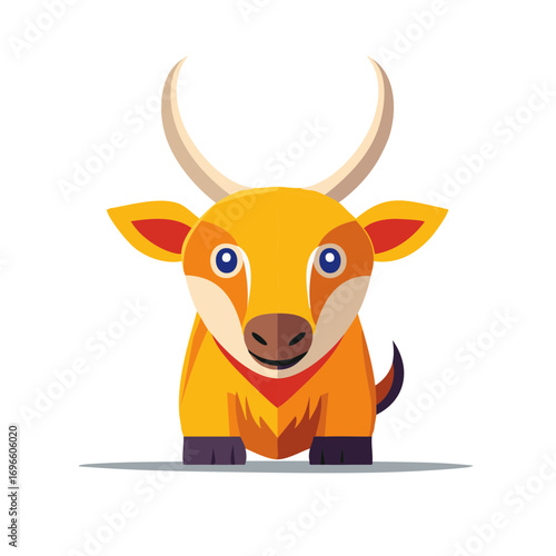 Illustration of a cartoon bull in yellow, orange, brown, and purple tones.