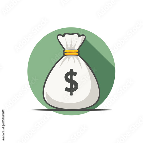 Cartoon money bag icon with dollar sign in flat design style. Vector symbol of wealth, finance, and savings.