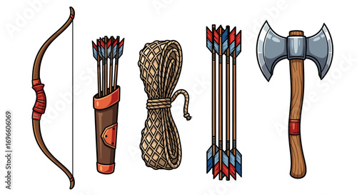 Medieval Hunting Gear Cartoon Style Arrangement Isolated on White