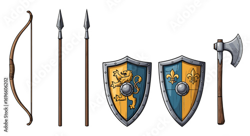 Medieval weapons and shields set, isolated on a white background.