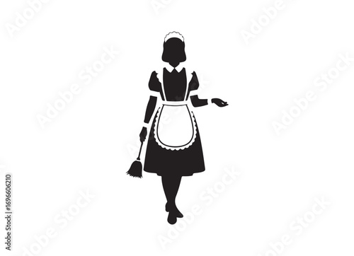 Silhouette of a classic maid with apron and broom in hand ready to clean