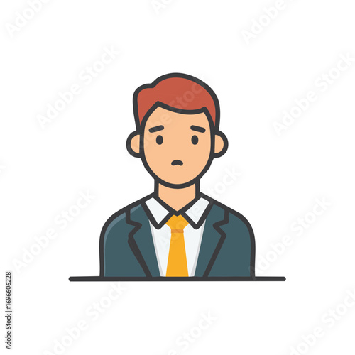 Animated man in a business suit expressing sadness or worry, color cartoon graphic.