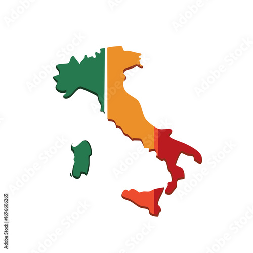 Three dimensional map of Italy showcasing national flag colors European country outline graphic design